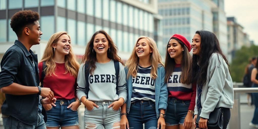 A group of diverse teens wearing different styles of Abercrombie jeans.