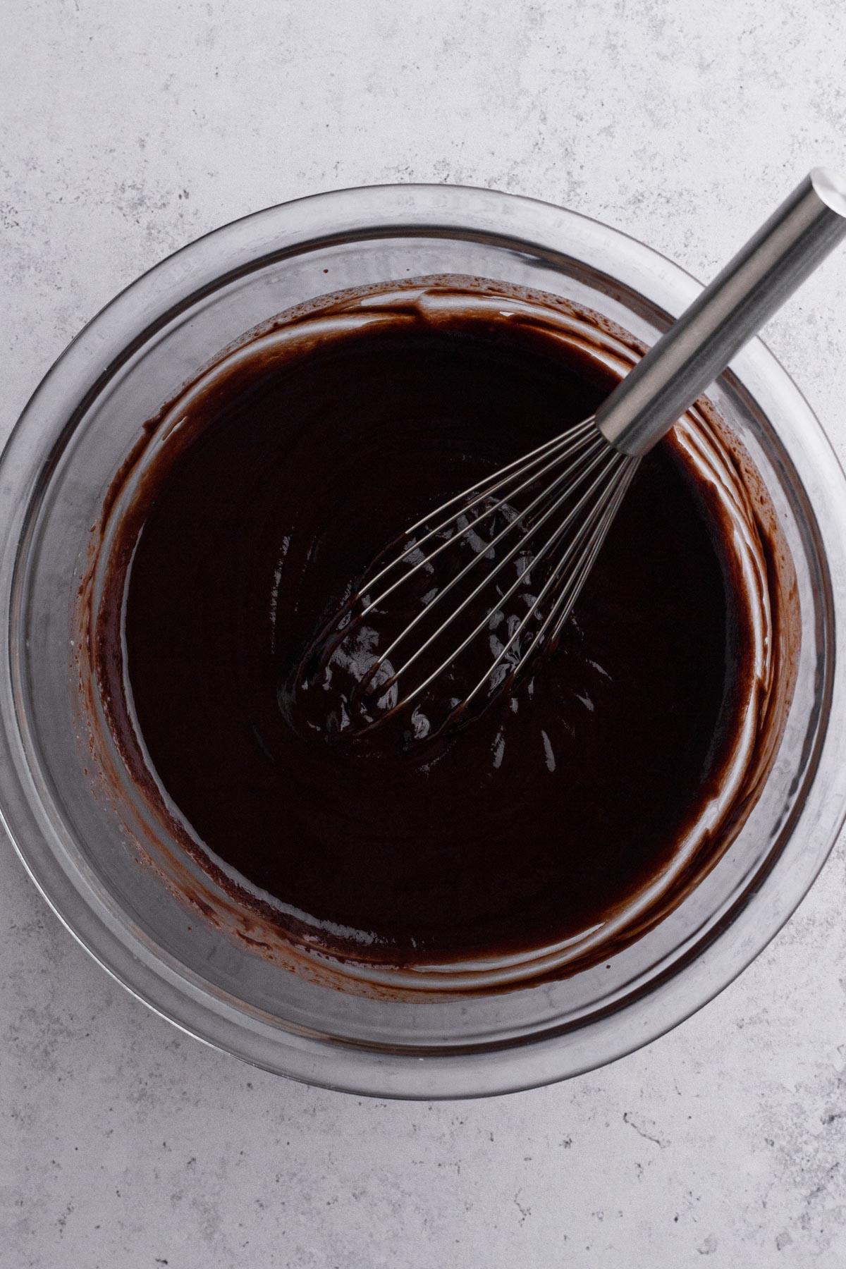 Close-up of a bowl of rich chocolate ganache mixture for truffles