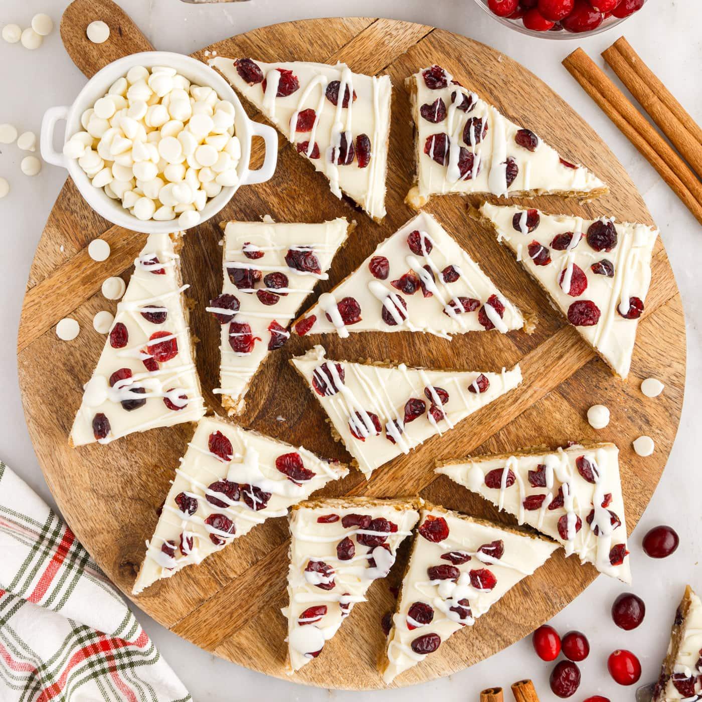 top-down view of a freshly baked tray of cranberry bliss bars before cutting