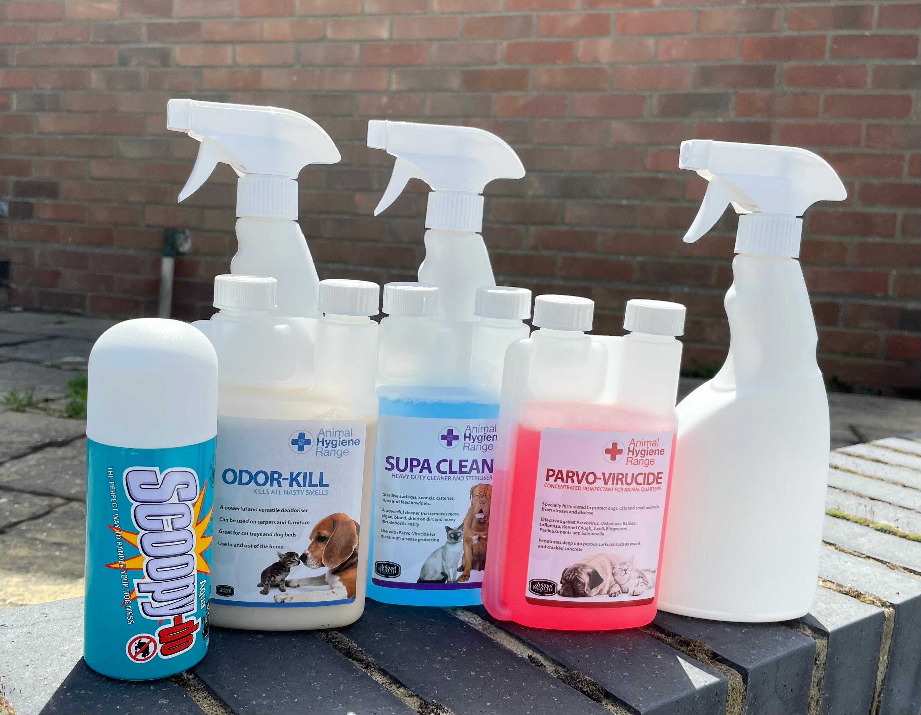 A variety of pet cleaning supplies