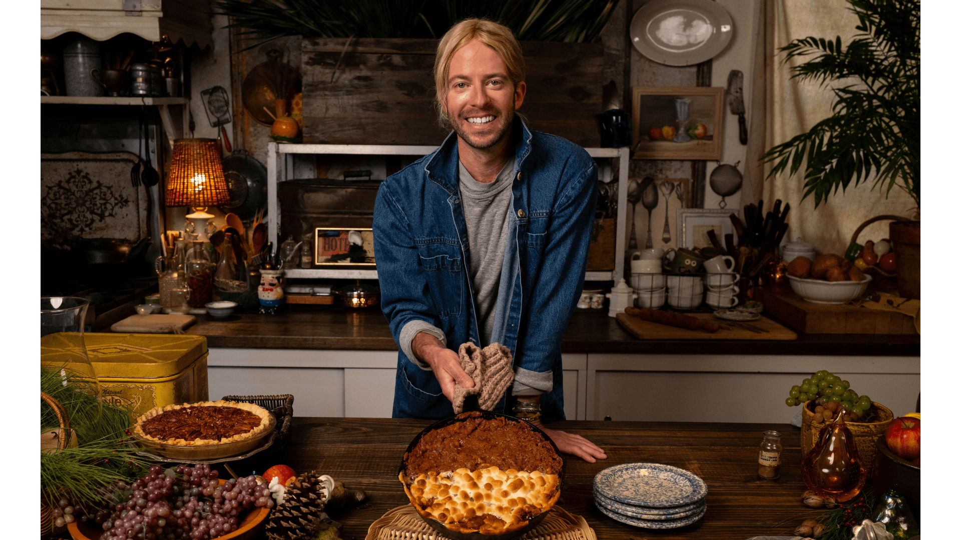 vintage kitchen scene with sweet potato casserole on a holiday table