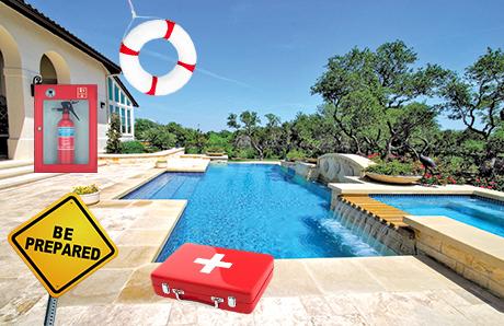 small first aid kit next to a swimming pool