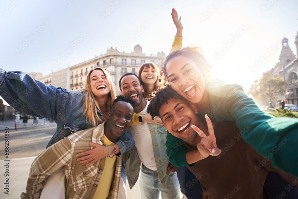 group of diverse friends celebrating together in a foreign city