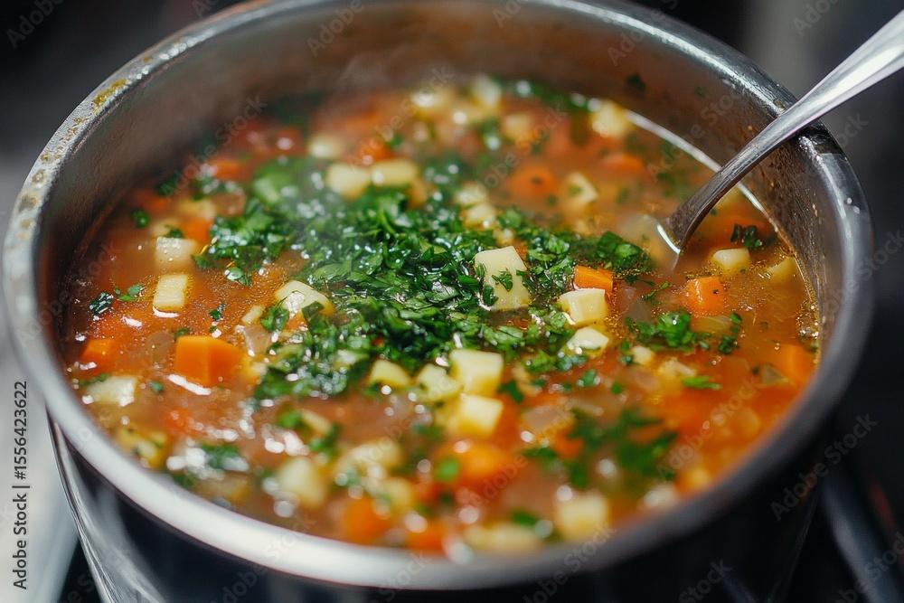 steaming pot of vegetable soup on stove