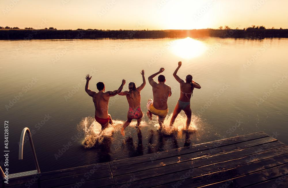 Friends having fun on a lake