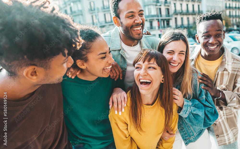 a diverse group of happy college students enjoying campus life