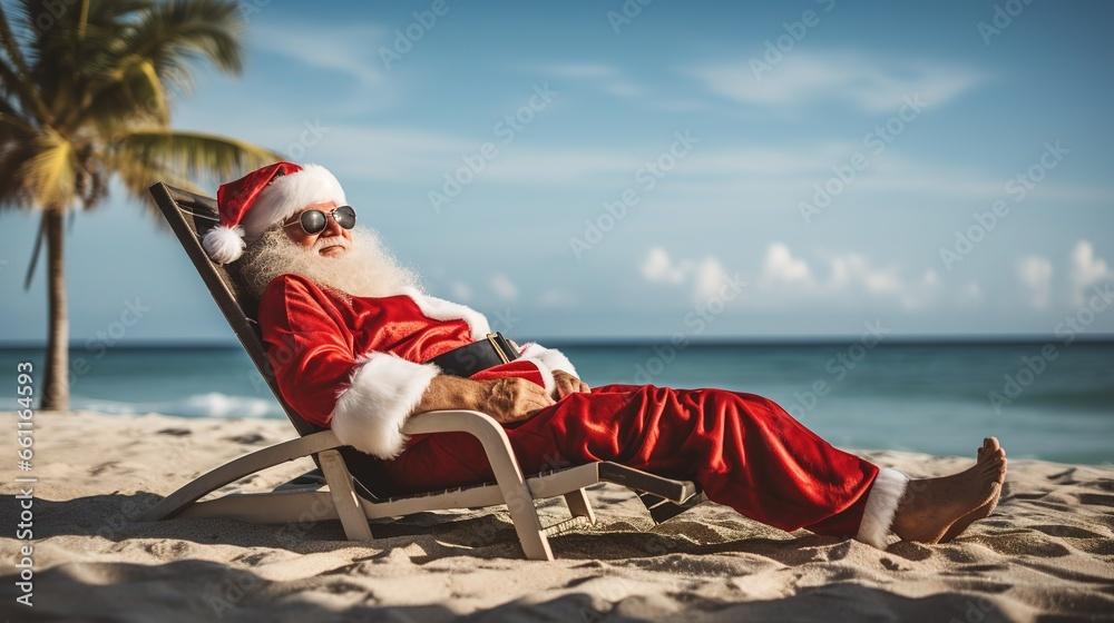Overwhelmed person relaxing on a couch with a tropical drink, surrounded by holiday decorations.