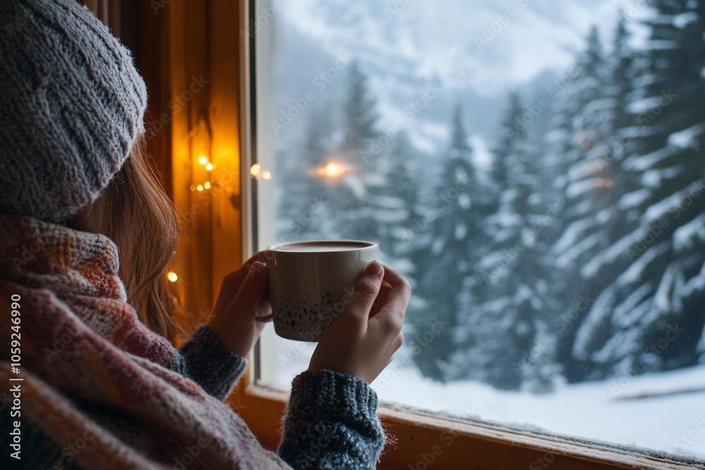 A person in comfortable clothing holding a mug of frothed hot chocolate with a view of a snowy landscape outside a window