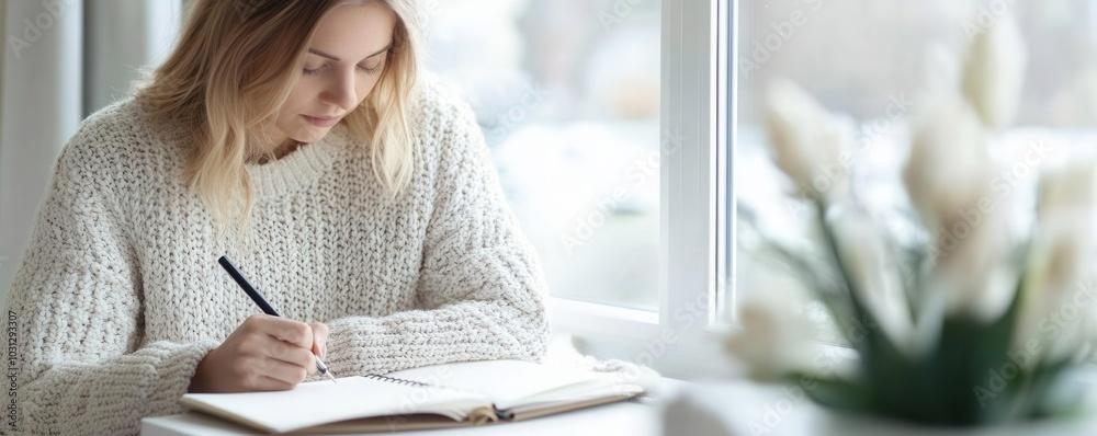 woman peacefully journaling by a window