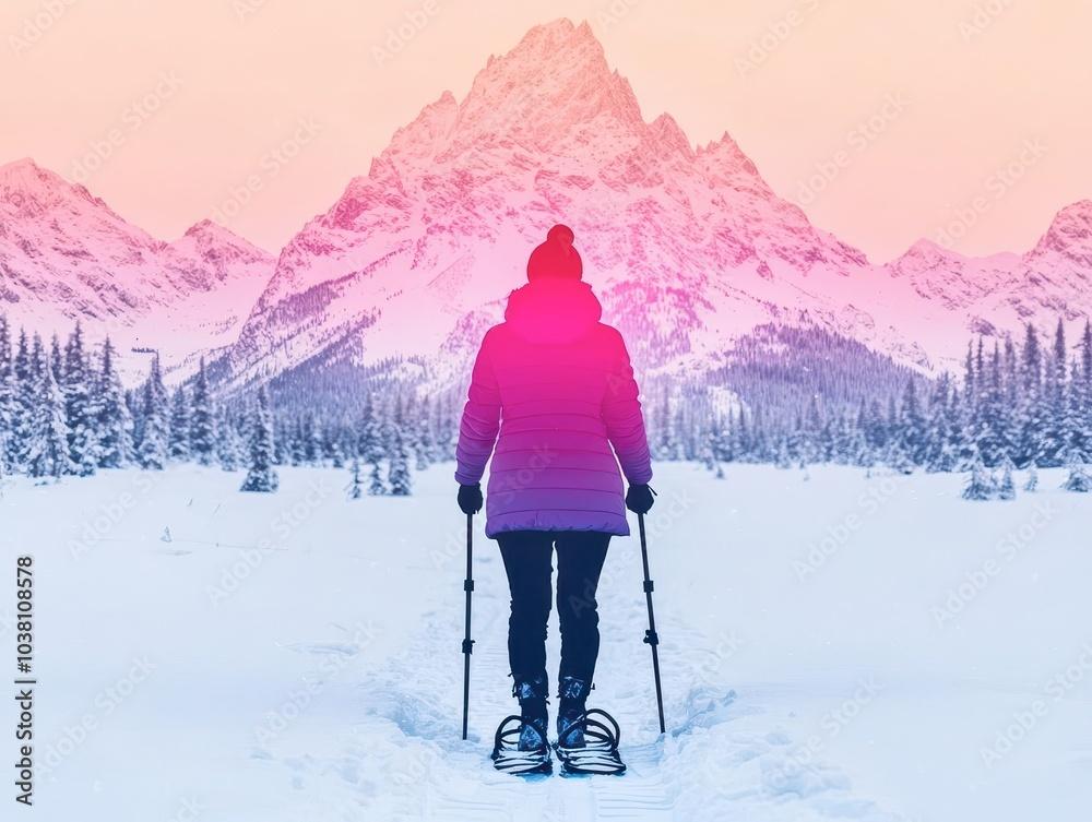 person snowshoeing in a snowy landscape
