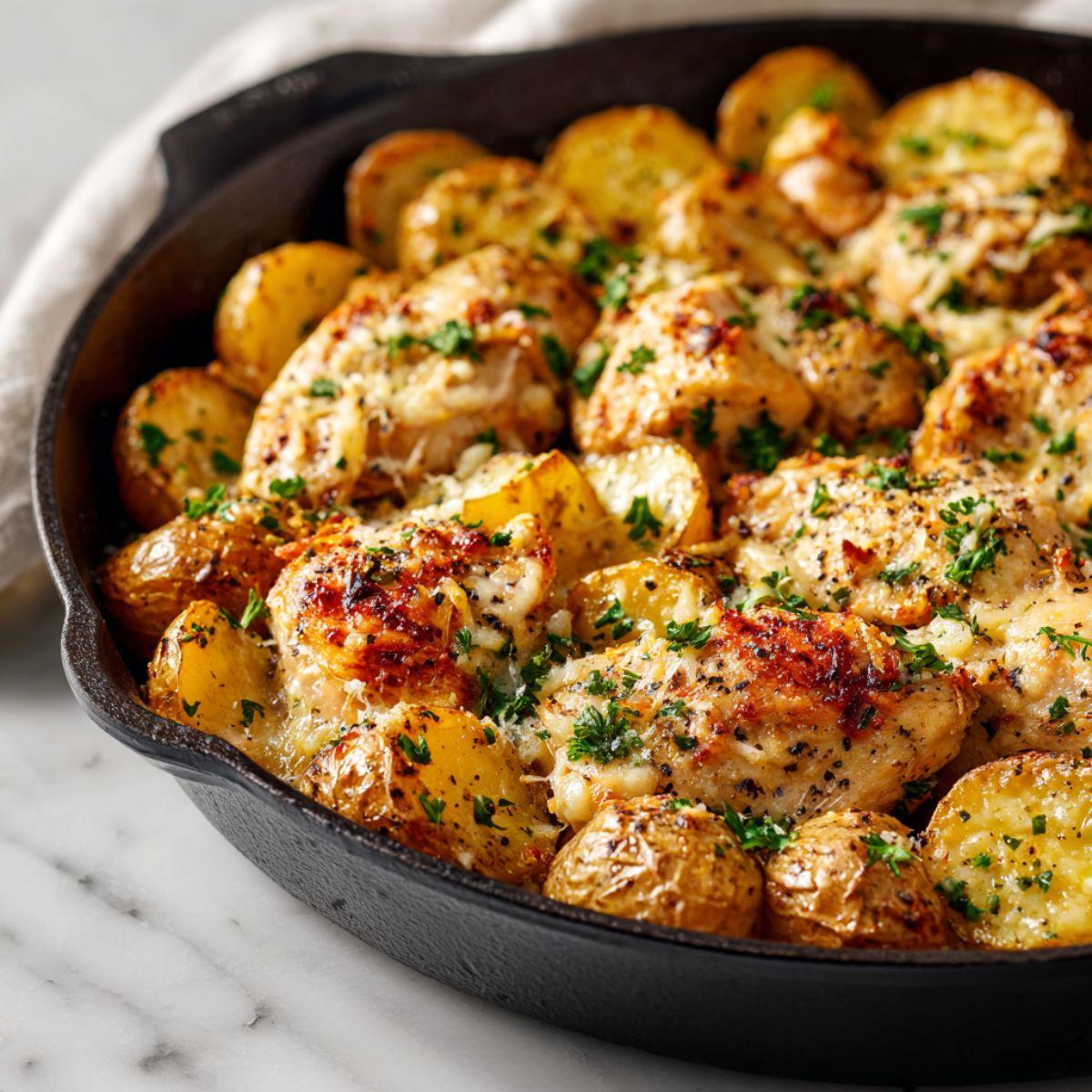 overhead shot of a golden-brown baked garlic parmesan chicken and potato dish