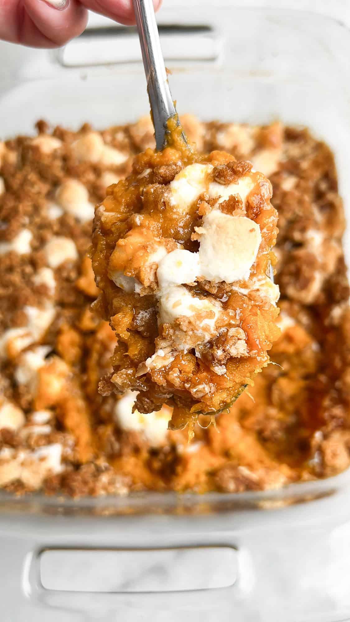 Close-up shot of creamy Southern sweet potato casserole with visible cinnamon swirls and a hint of steam