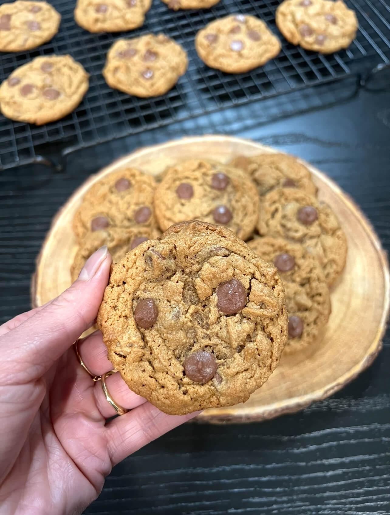 overhead shot of a batch of perfectly baked peanut butter cookies on a cooling rack, some with bites taken out