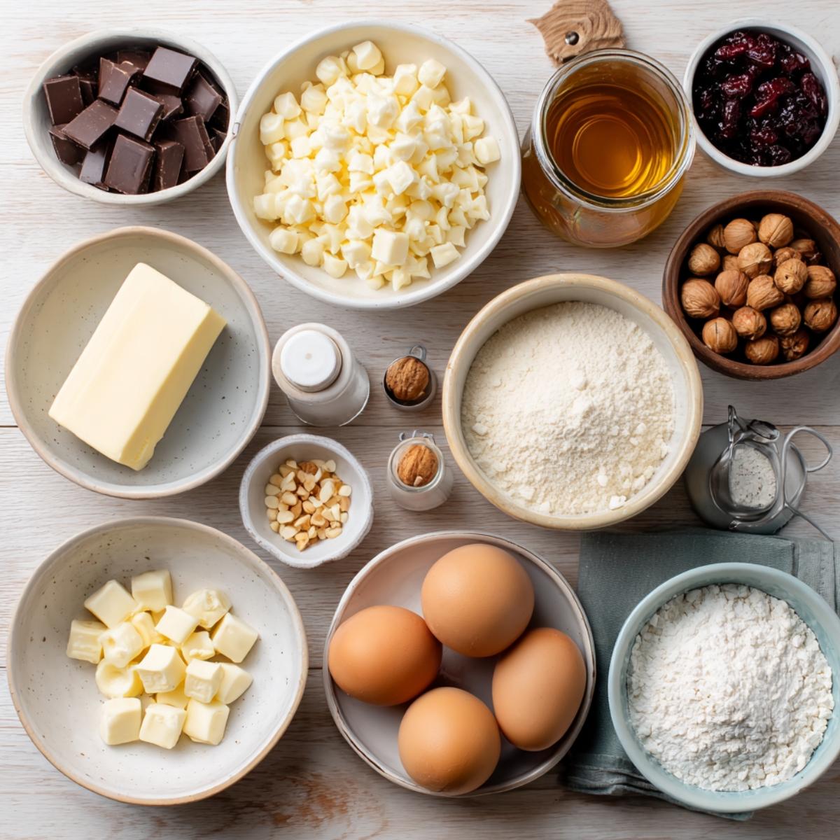 Ingredients for white chocolate drops laid out beautifully on a wooden table