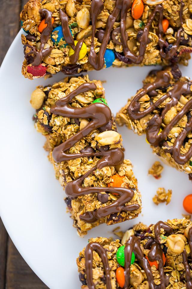 a batch of homemade trail mix bars cooling on a wire rack