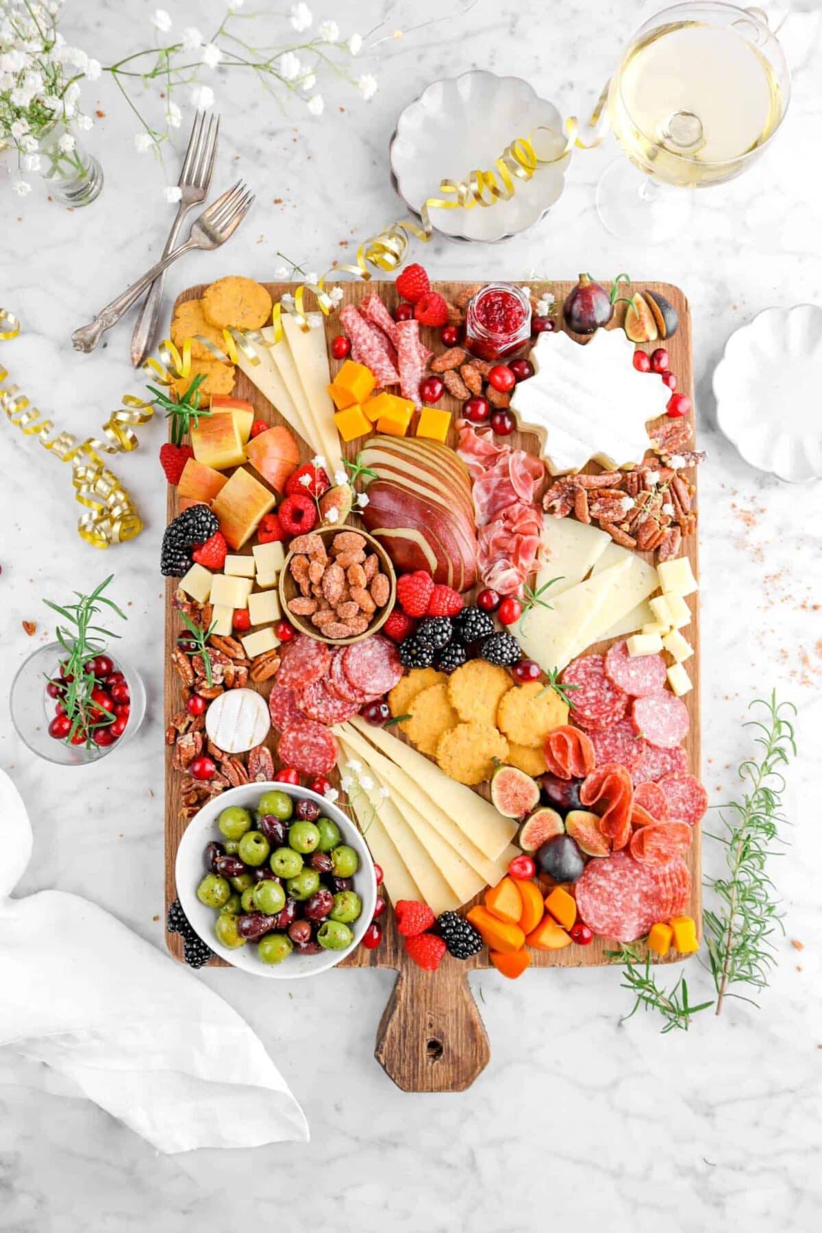 overhead shot of a festive Christmas charcuterie board arrangement
