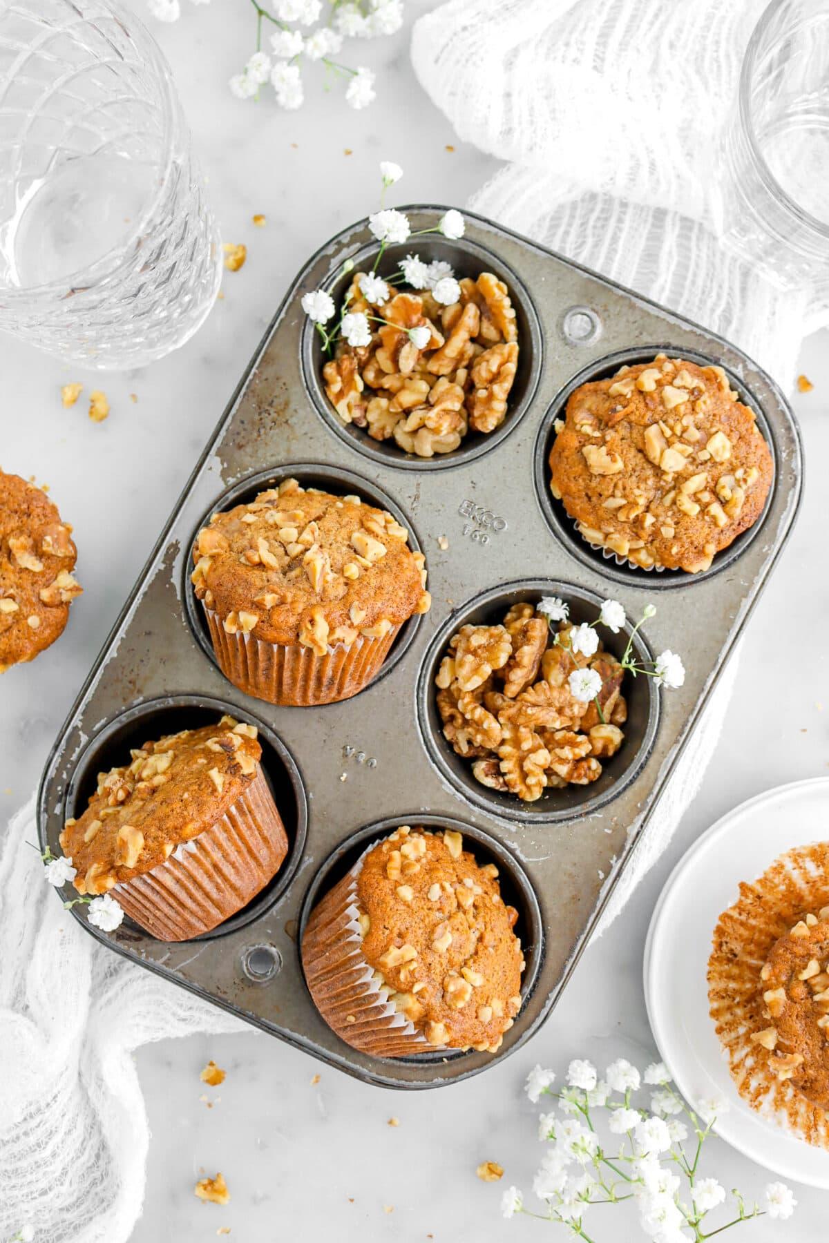 overhead shot of freshly baked clean eating banana nut muffins