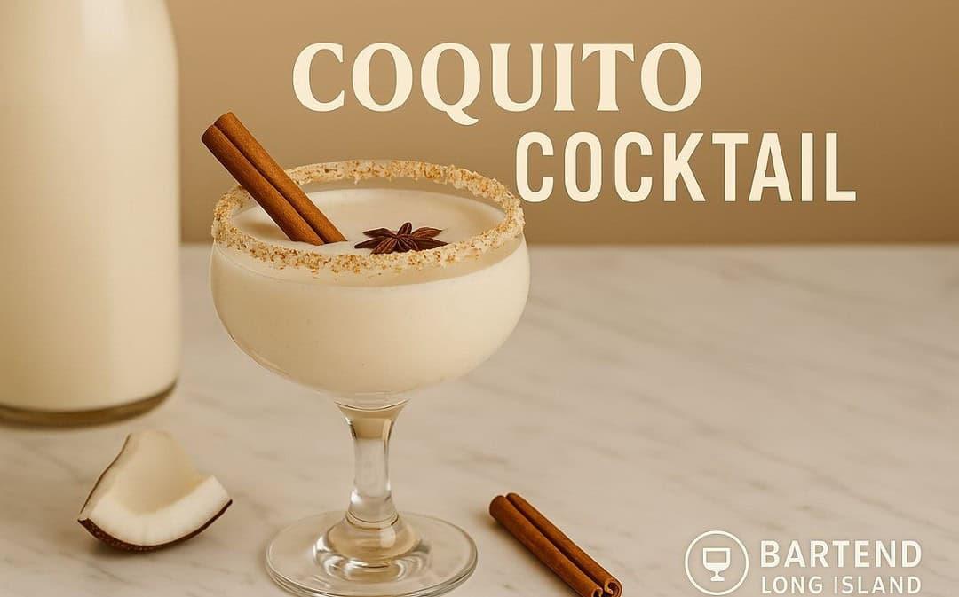 Creamy Coquito drink garnished with toasted coconut flakes and cinnamon stick in a festive setting