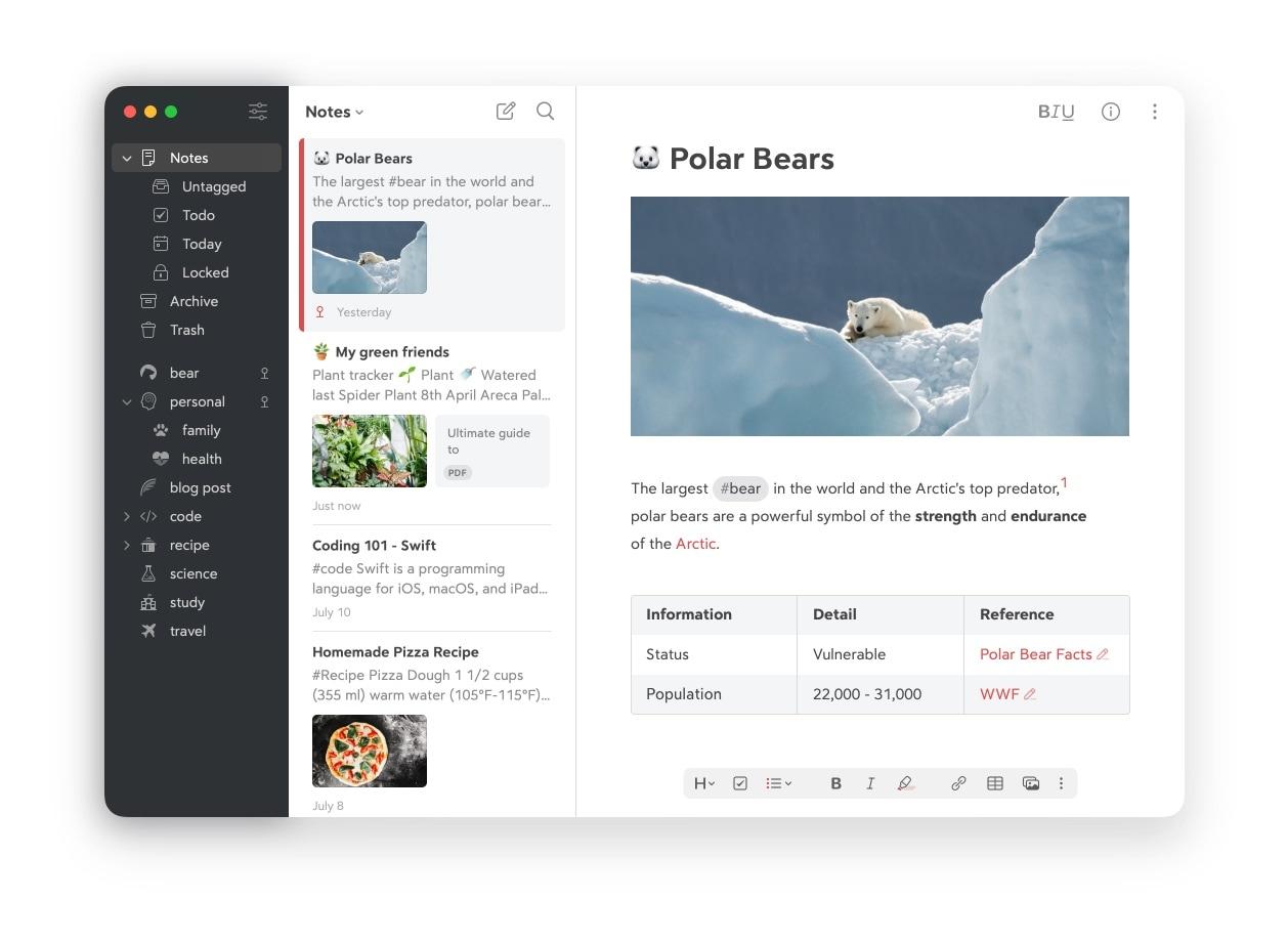 bear notes app interface
