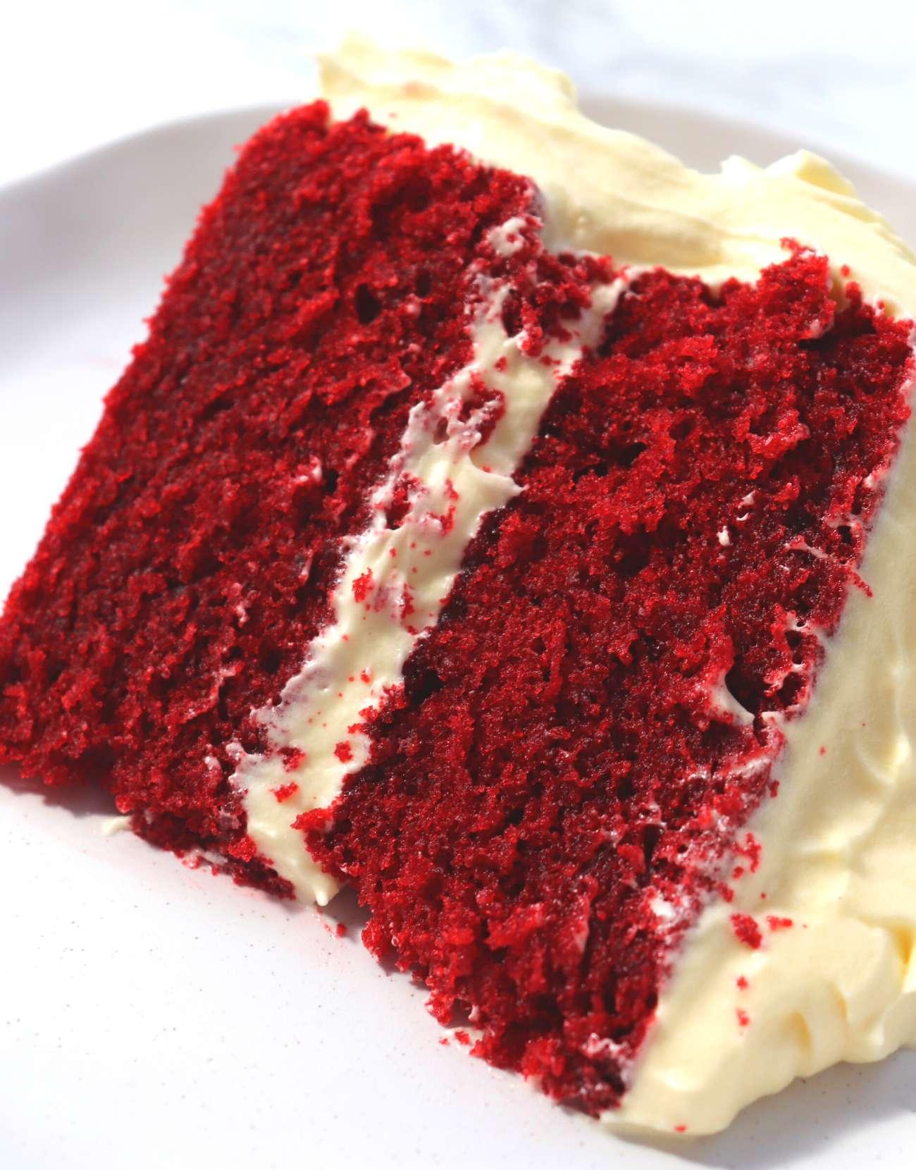a close-up of the moist crumb of a red velvet cake