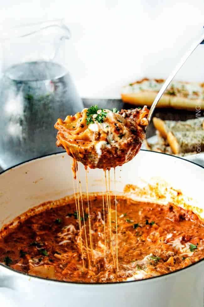 close up of simmering lasagna soup in a pot