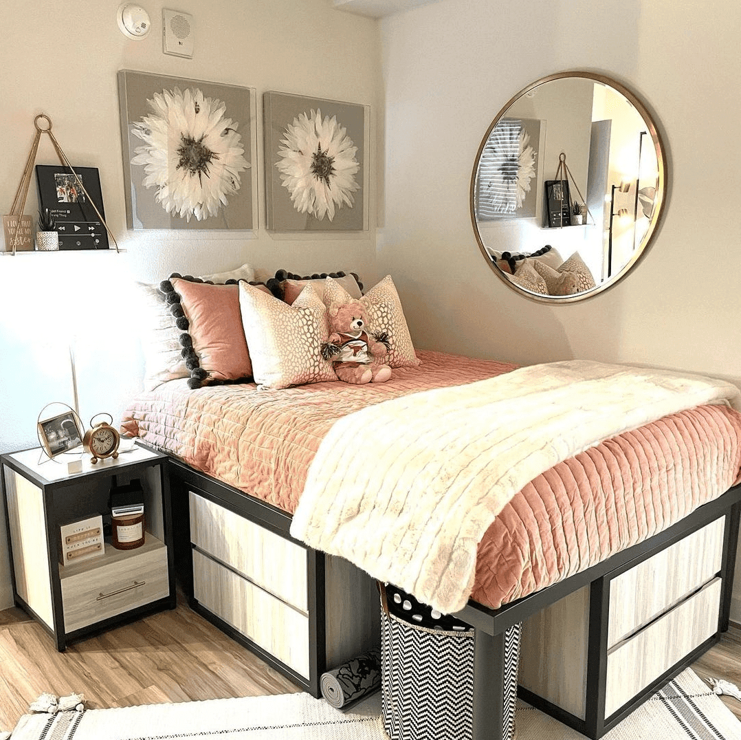 dorm room with mirrors