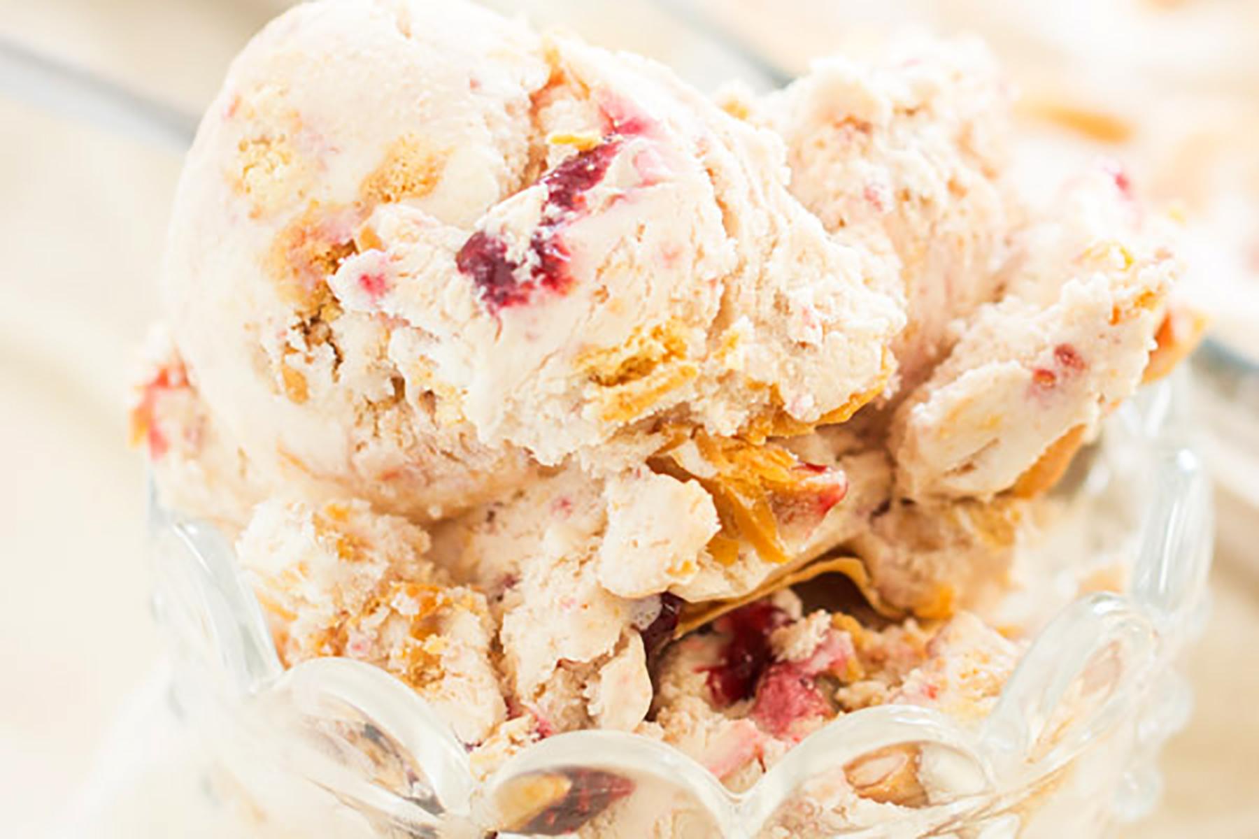 close up shot of peanut butter and jelly swirl in ice cream