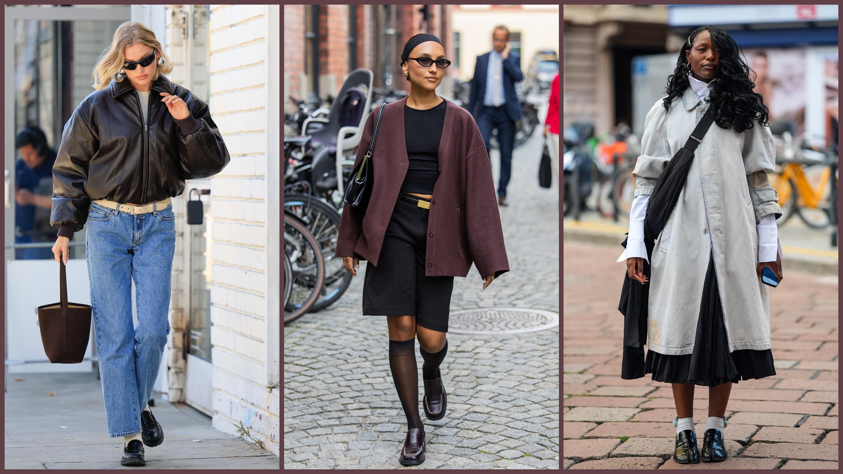 woman confidently wearing unconventional shoe and outfit combination