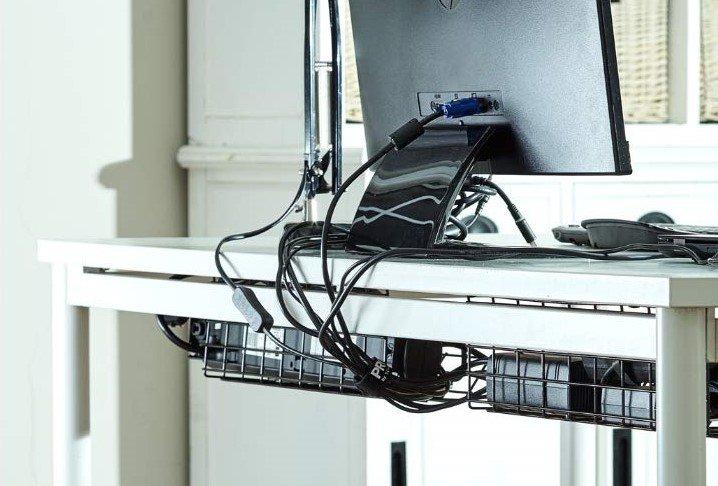dorm desk with organized cables using clips and ties