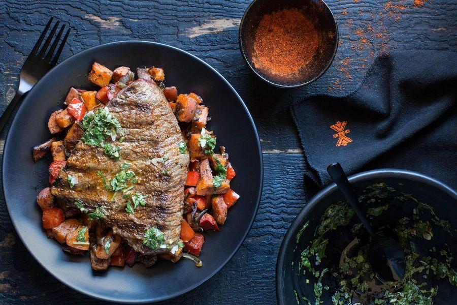 sweet potato steak being seasoned