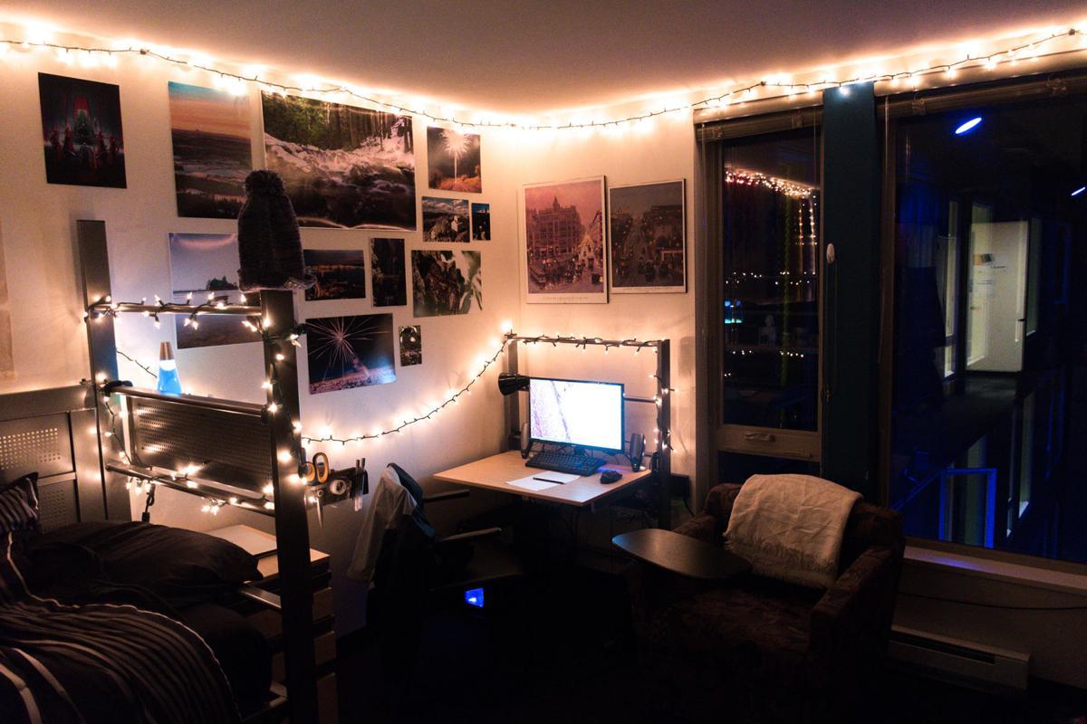 dorm room with stylish lighting