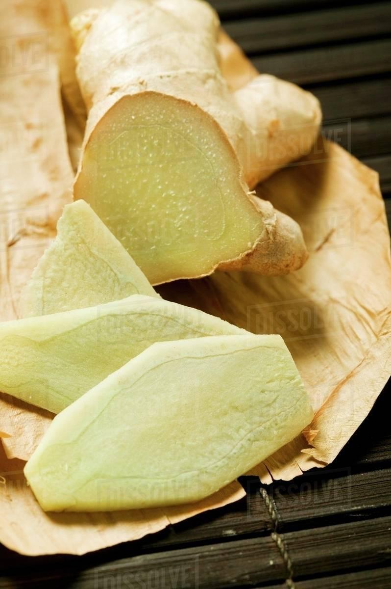 close up of ginger root slices