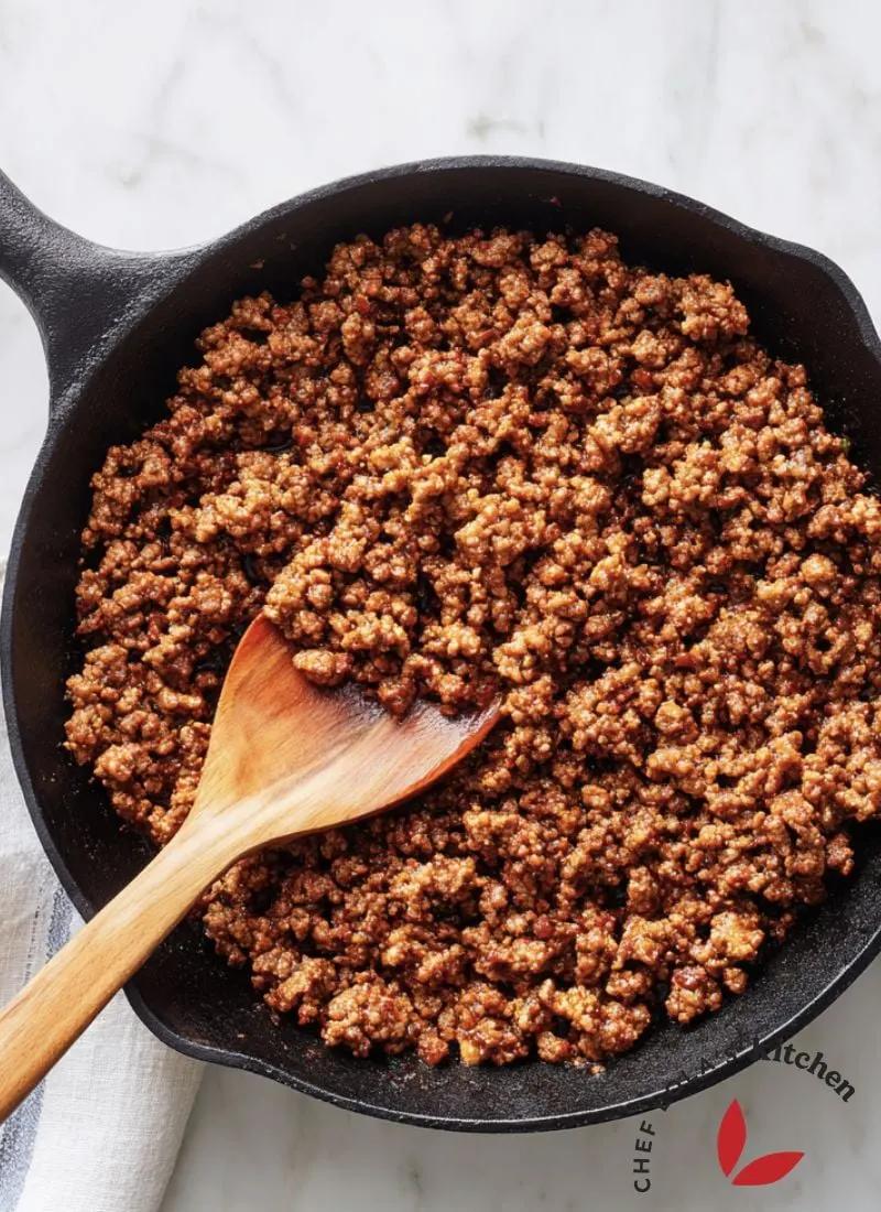 ground beef browning in a large skillet with onions and garlic