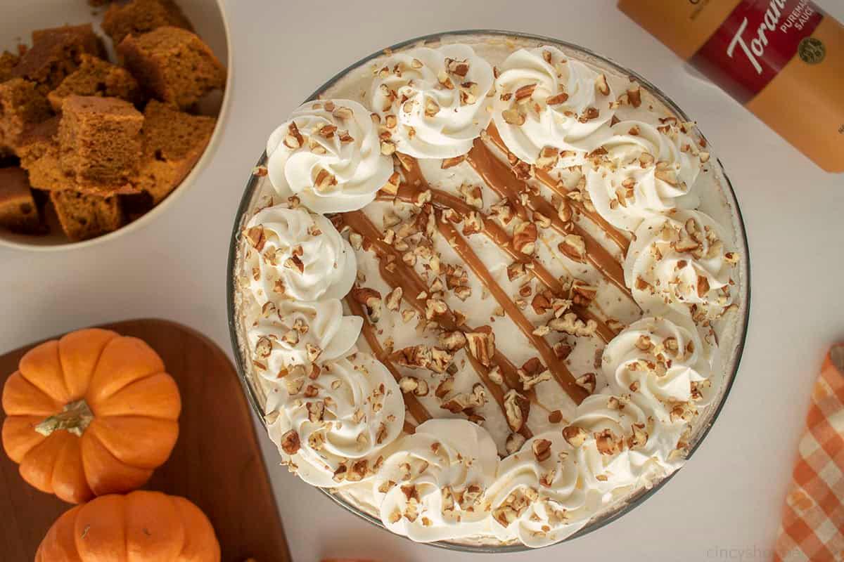 overhead shot of a beautifully decorated pumpkin trifle