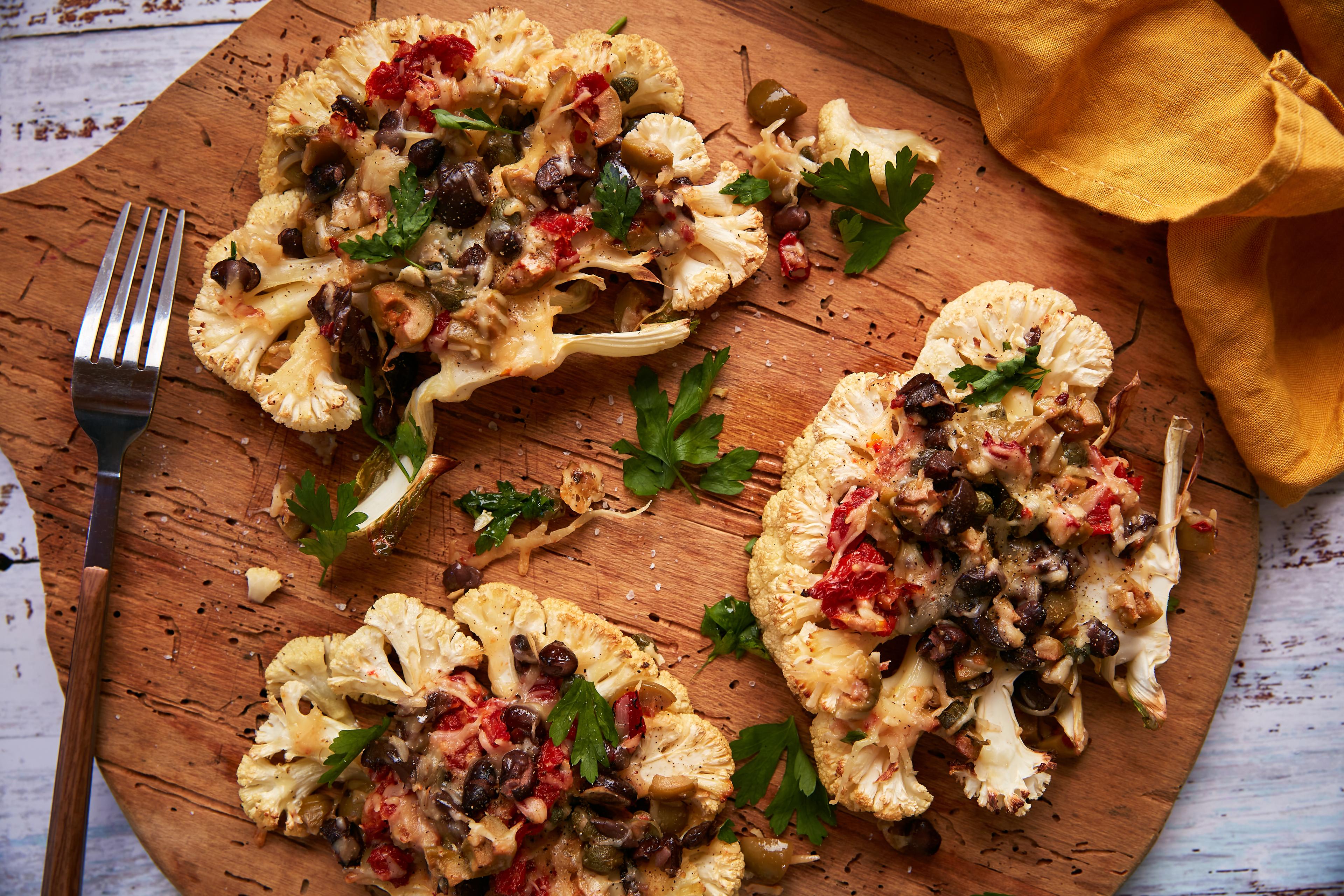 Lime cilantro cauliflower steaks with black bean salsa close-up shot