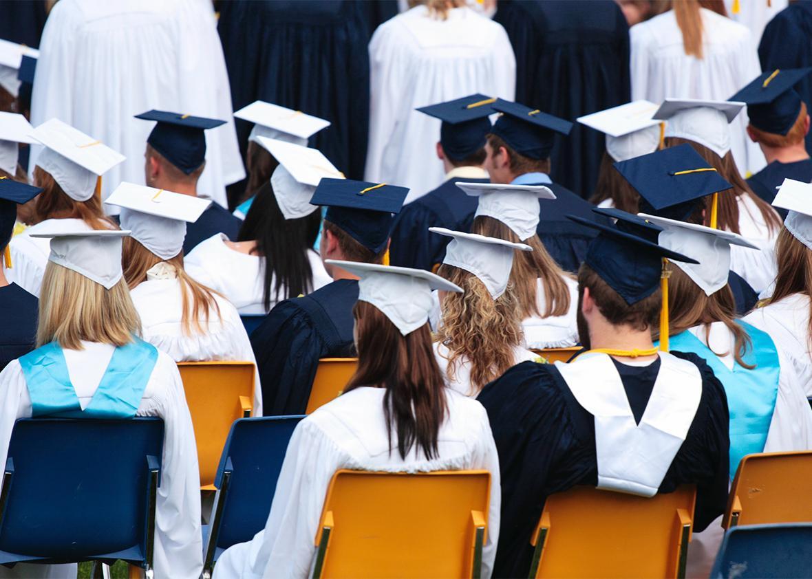 woman trying on different colored graduation gowns