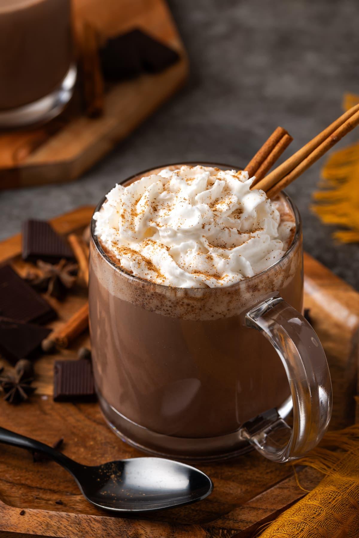 Steaming mug of cinnamon spiced hot chocolate with whipped cream and a cinnamon stick, cozy autumn setting