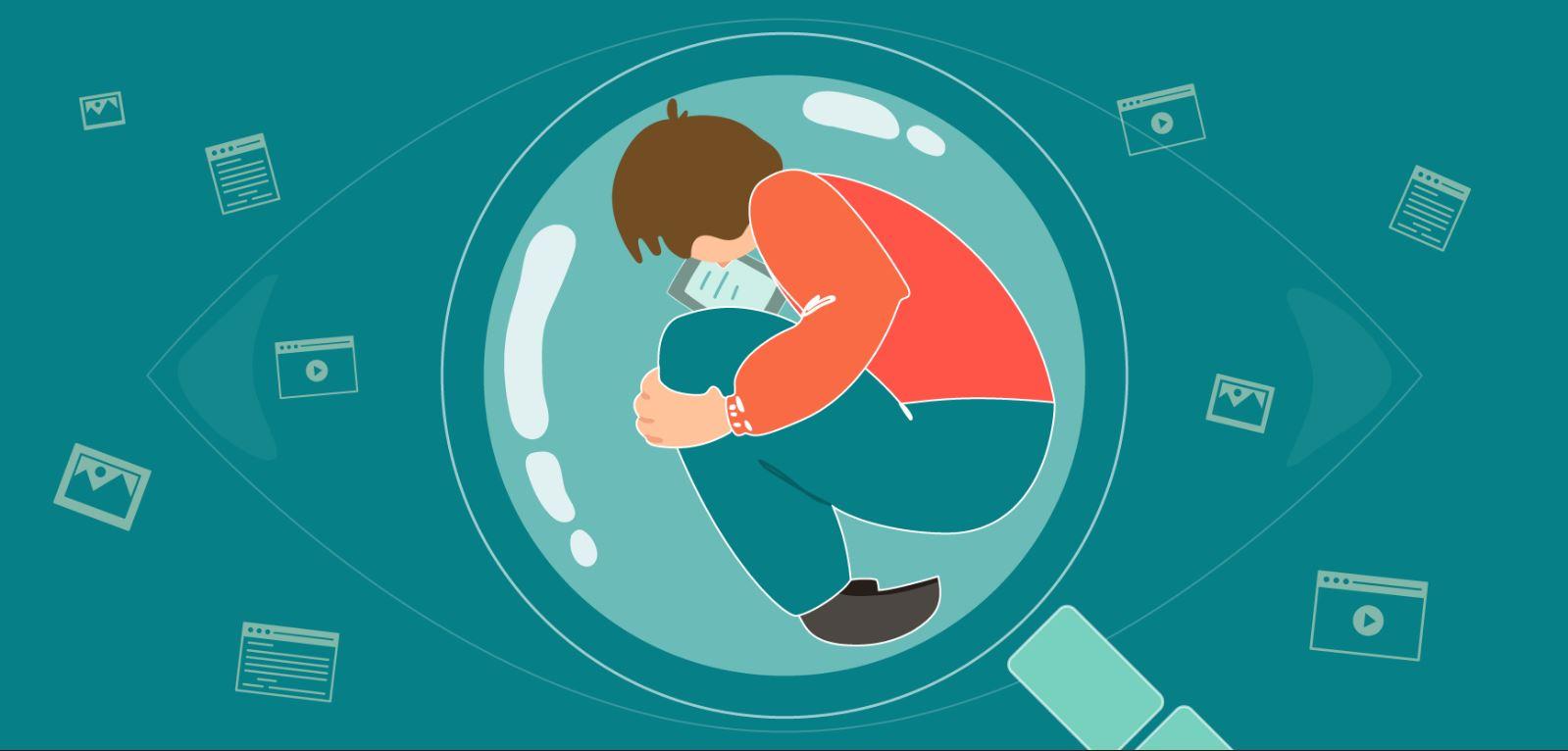 digital illustration of a person trapped in a filter bubble, surrounded by data streams
