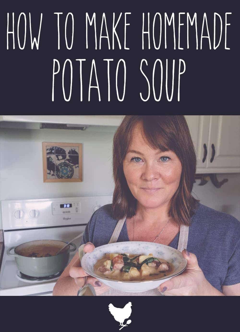 person happily enjoying a bowl of homemade potato soup