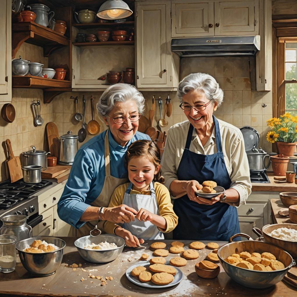 vintage photo of a grandmother and grandchild baking cookies in a cozy kitchen