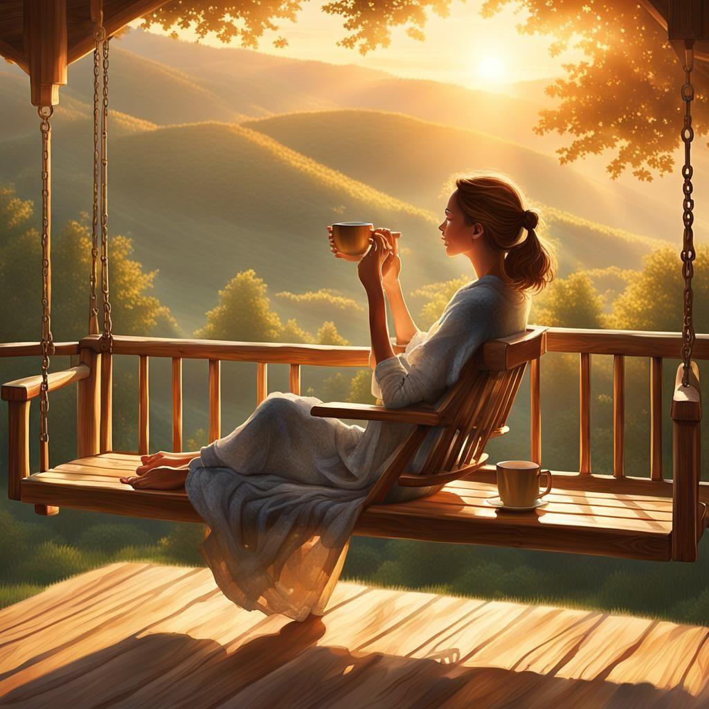 woman sitting on a porch swing reading a book with a cup of coffee
