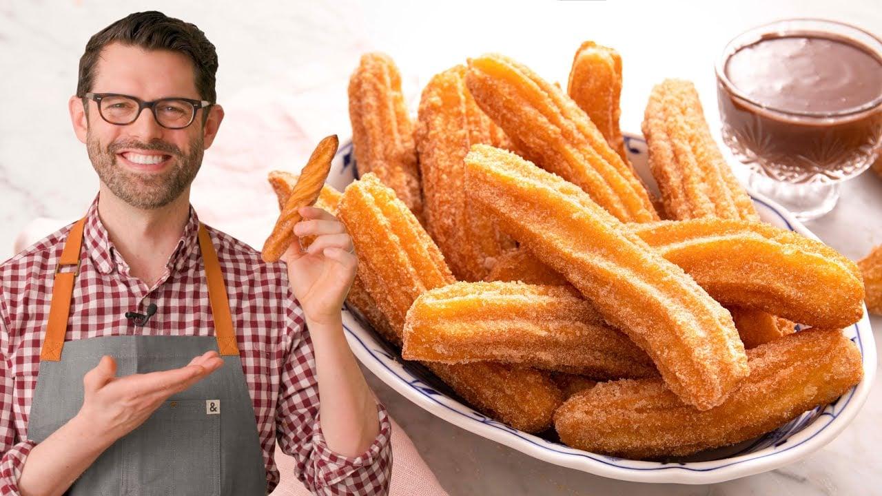 a person preparing spicy mango churros in a home kitchen, with various ingredients and equipment visible