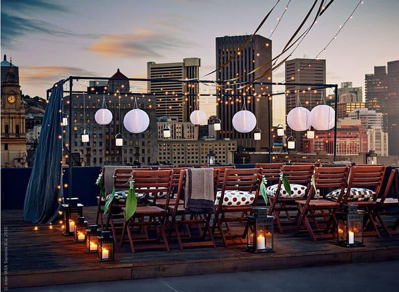 elegant rooftop party decorations at night