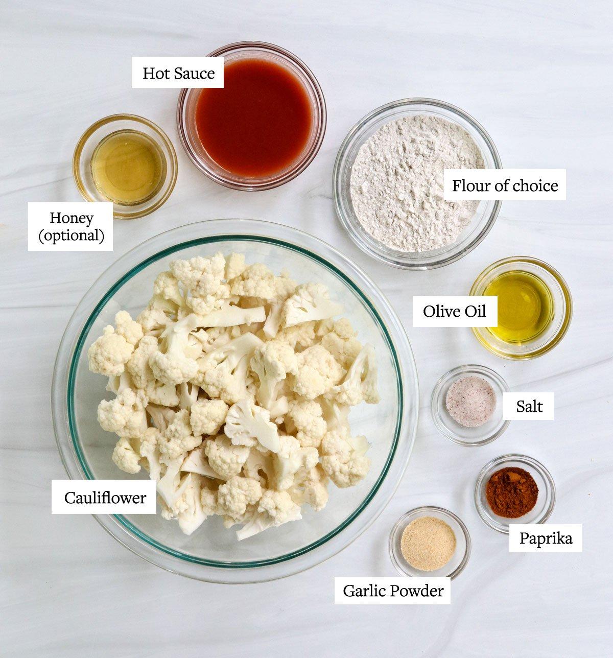 a close-up of the ingredients for the buffalo cauliflower filling, highlighting the colors and textures