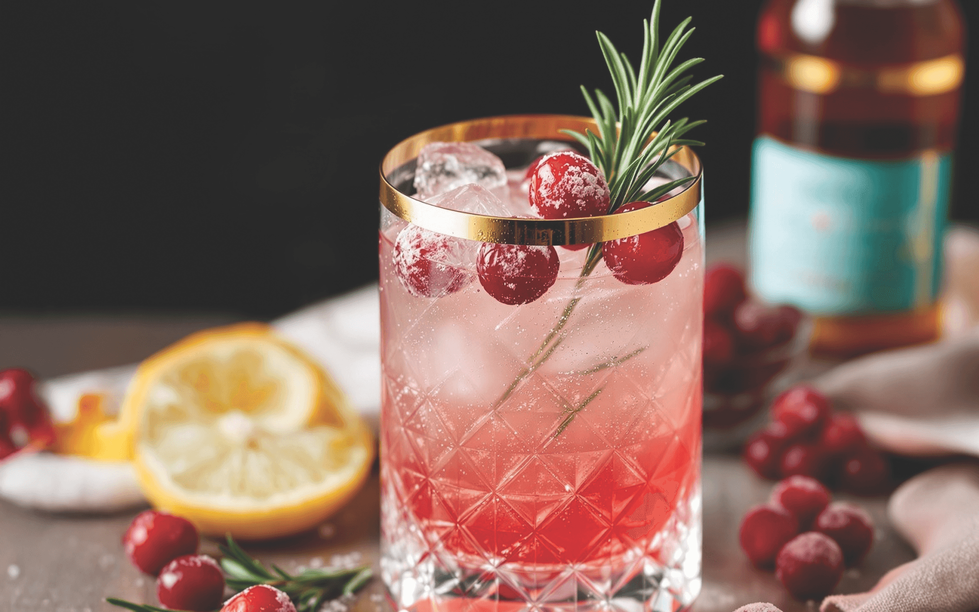 vibrant cranberry spritz cocktail with festive garnishes and twinkling lights