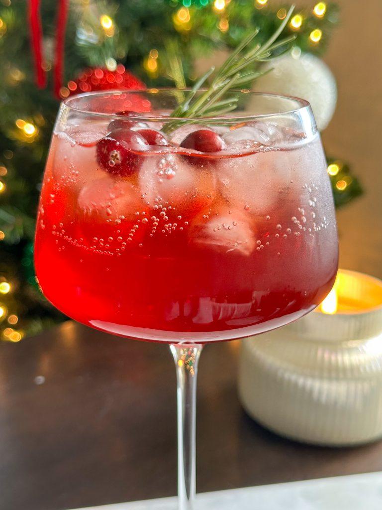 Close-up of a perfectly garnished cranberry spritz