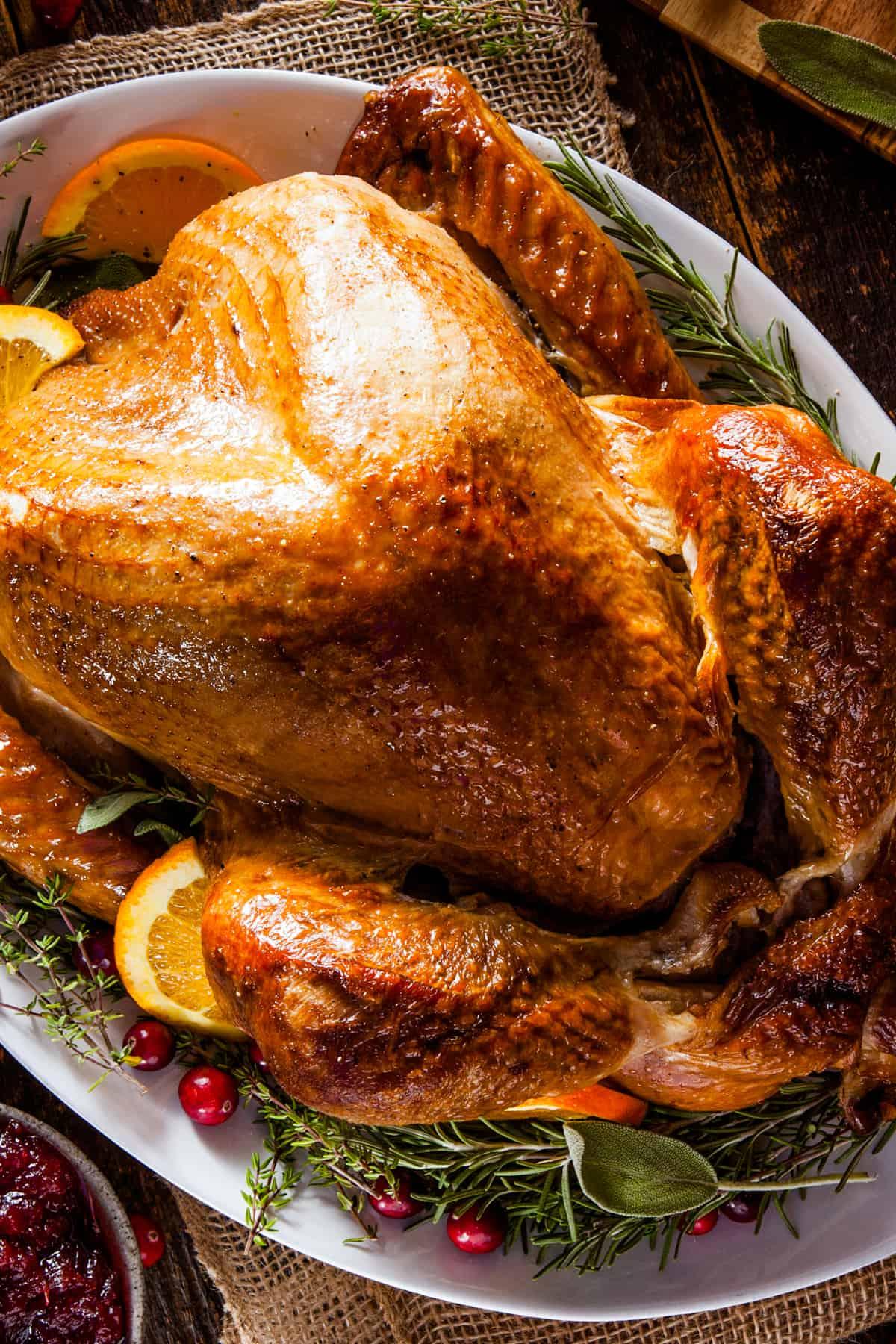 A perfectly roasted golden turkey on a platter with garnishes