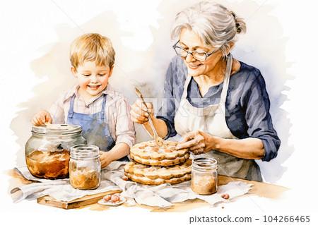 vintage-style photo of a happy grandmother and grandchild baking pumpkin pie together in a warm kitchen