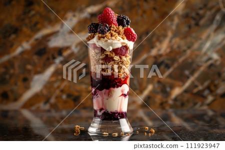 close-up of a layered berry parfait