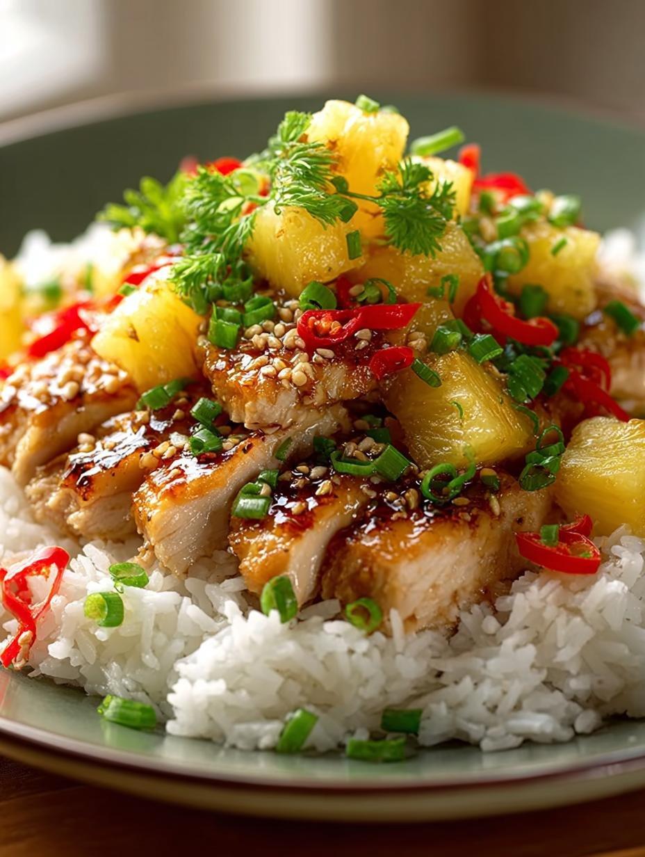 vibrant pineapple chicken with fluffy white rice in a bowl, tropical garnish